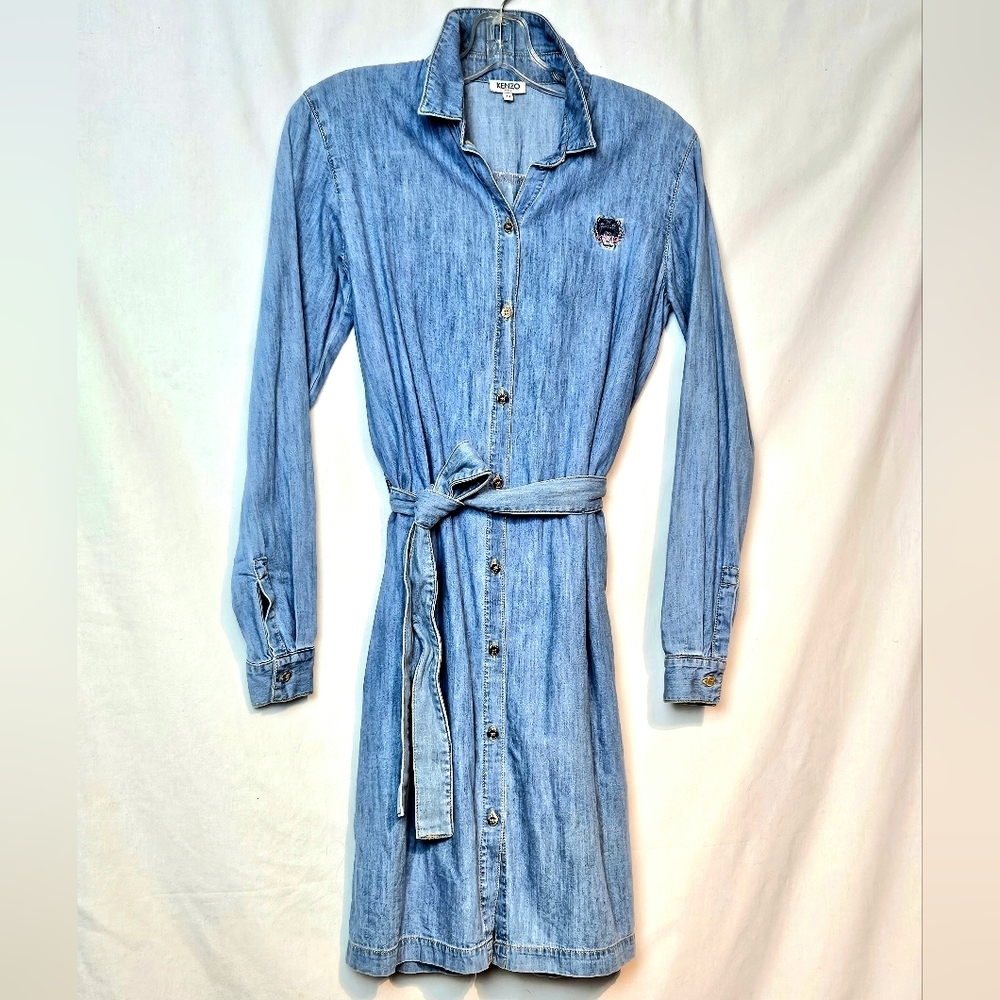 Kenzo Denim Notched Collar Long Sleeve Shirt Dress